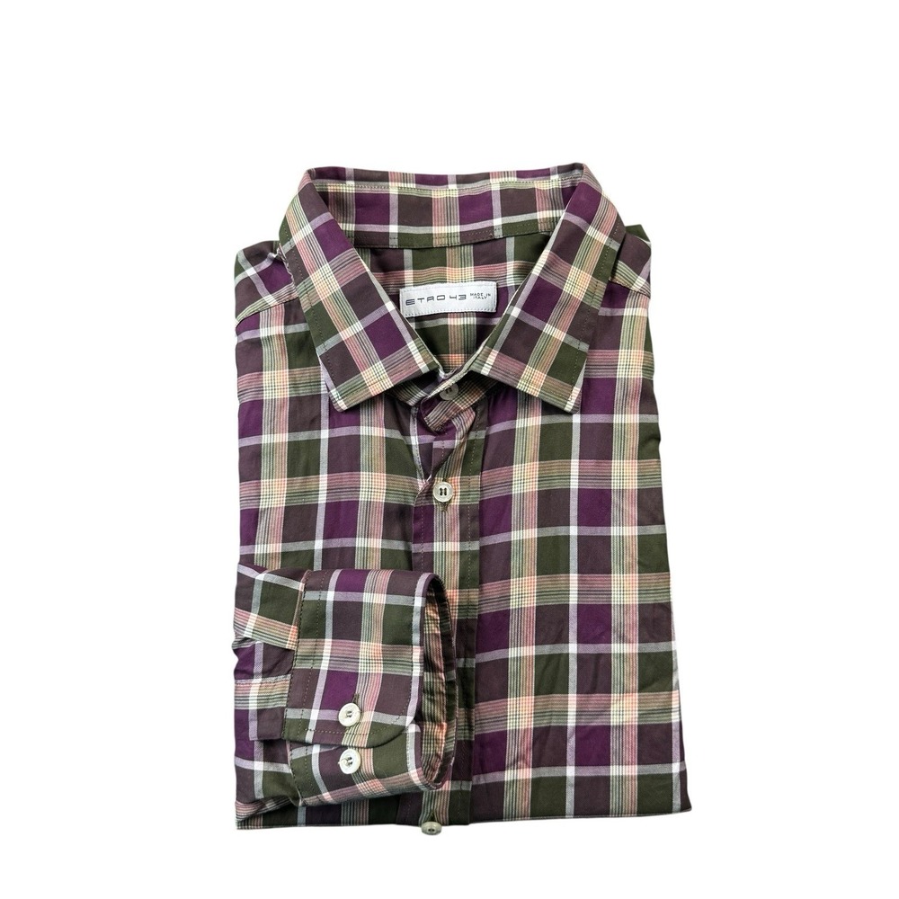 ETRO Milano Mens Purple Green White Checked Cotton Button Front Shirt Size 43